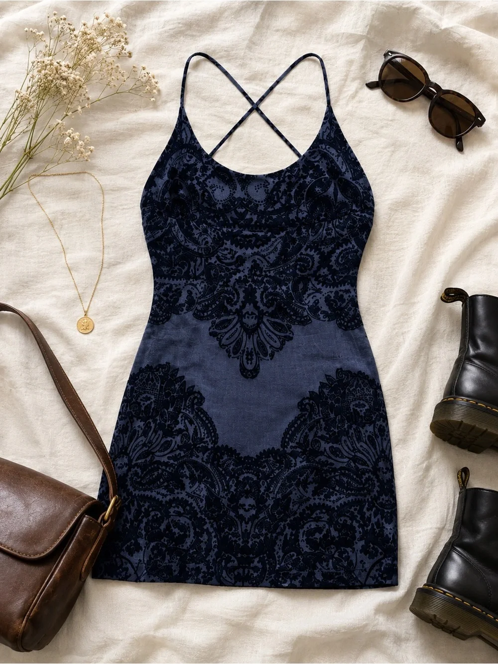 Free People Intimately Blue Velvet Burnout Paisley Slip Dress Size Small NWT